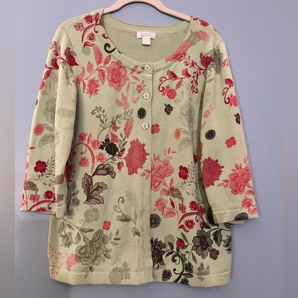 Christopher & Banks Green and Pink Floral Cardigan